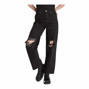Wild Fable Black Denim Highest Rise Baggy Jean Distressed Knees Holes Size 8 Reg